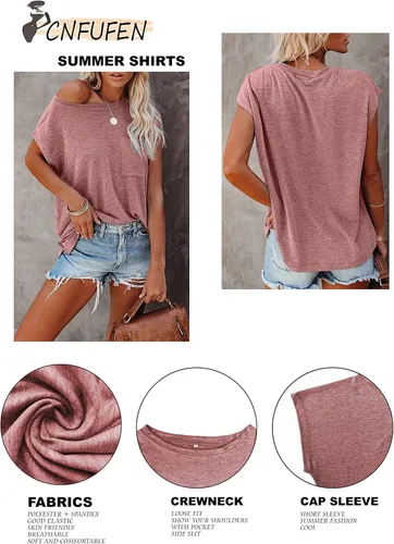 Vista 41 de CNFUFEN Camisetas de manga corta/larga para mujer, a la moda, casual, de verano, ligeras, sólidas, de moda
