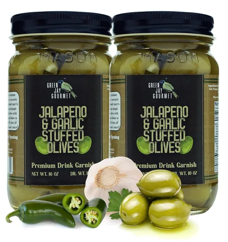 Vista 6 de Green Jay Gourmet Aceitunas Rellenas de Almendra – Aceitunas Verdes Rellenas de Almendra para Decoración de Cócteles y Tabla de Quesos – Aceitunas
