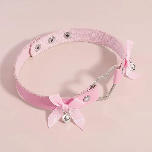 Vista 3 de Gargantilla gótica de cuero con forma de corazón, collar de campana con nudo de lazo, gargantilla punk sexy, collar de corazón hueco para mujer