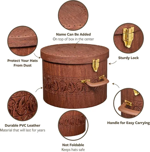 Vista 6 de Creative Scents Caja grande para sombreros para hombres y mujeres, contenedor redondo para sombreros, fácil viaje, con tapa de bloqueo dorada y asa