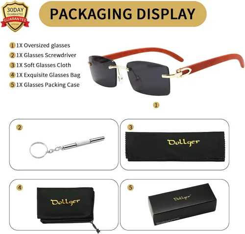 Vista 7 de Dollger Gafas de sol rectangulares sin montura para hombres y mujeres diseño de madera hip-hop pequeñas gafas de sol cuadradas sin marco de los años