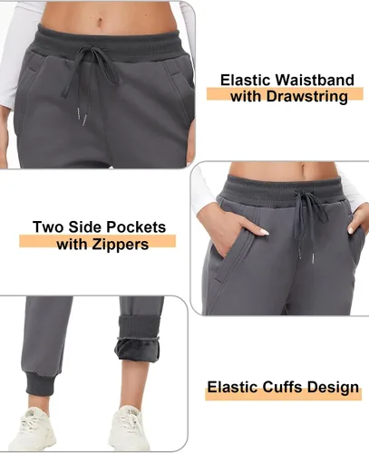 Vista 2 de MOUEEY Pantalones deportivos súper cálidos con forro de sherpa para mujer, pantalones deportivos de forro polar con bolsillos con cremallera