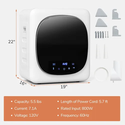 Vista 5 de COSTWAY Secadora portátil de ropa, máquina compacta de secado de 1.5 pies cúbicos con tambor de acero inoxidable y panel táctil LED, secadora