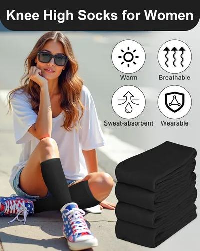 Vista 4 de Senker Fashion Calcetines altos hasta la rodilla para mujer, calcetines largos blancos de tubo negro a rayas para botas al aire libre deporte casual