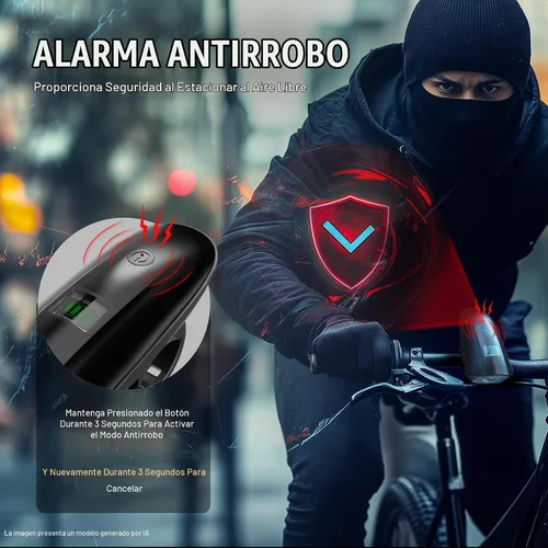 Vista 5 de Juego de luces de bicicleta con bocina 1400LM USB recargable faro de bicicleta y luz trasera y bocina impermeable 3 modos de iluminación se adapta a
