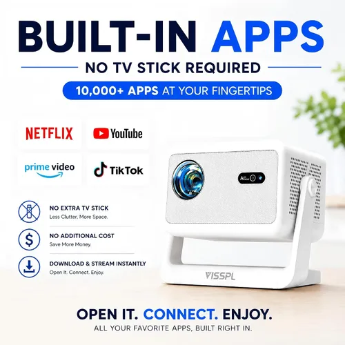 Vista 3 de [Ahora con Netflix y 3200ANSI] Proyector inteligente 4K con WiFi y Bluetooth, enfoque automático y mini proyector portátil Keystone con soporte