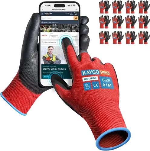 Vista 82 de KAYGO KG11PB - Guantes de trabajo de seguridad con revestimiento de poliuretano, 12 pares de guantes de punto sin costuras para hombres y mujeres