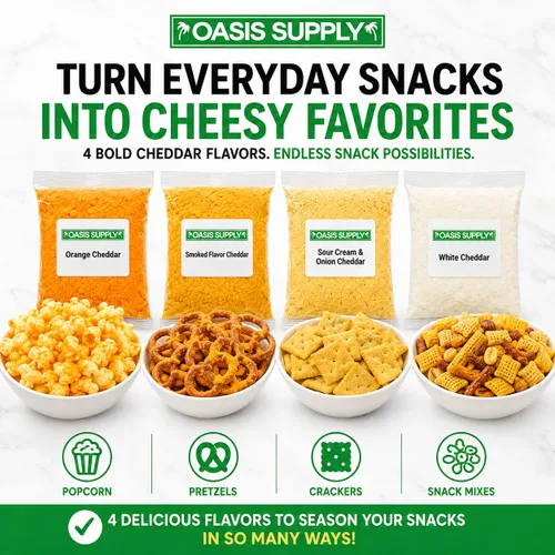 Vista 4 de Oasis Supply, Polvo de queso cheddar, muestreador de 4 onzas de cada cuatro sabores - 16 onzas en total