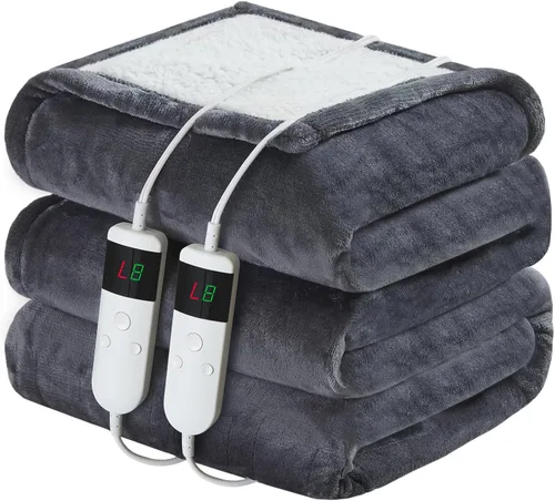 Vista 9 de Manta térmica eléctrica de 50 x 60 pulgadas, manta eléctrica de franela suave y sherpa con 10 niveles de calefacción, se apaga automáticamente