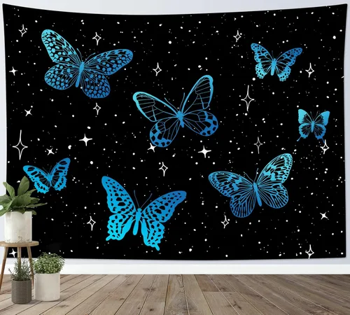Vista 4 de HVEST Tapiz de mariposa para decoración de habitación, mariposas azules de fantasía en cielo estrellado, tapiz para colgar en la pared, tapiz negro