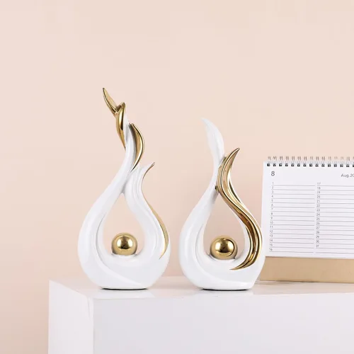 Vista 6 de Juego de 2 esculturas abstractas de cerámica con llamas, figuras modernas para centro de mesa de sala de estar, decoración de mesa de comedor, Oro