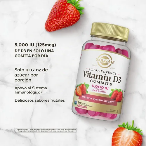 Vista 5 de Solgar Gomitas de vitamina D3 para adultos, 60 gomitas vegetarianas y sin 5,000 UI, apoyo del sistema inmunológico de vitamina ultra potencia