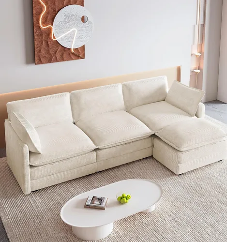 Vista 33 de ROWHY Sillón individual con otomano, sofá moderno de corduroy en forma de nube con chaise convertible, sofá tapizado para sala de estar, beige