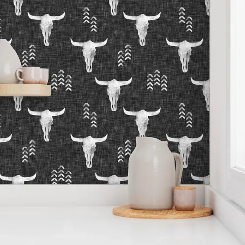 Vista 8 de Muestro de papel tapiz extraíble, diseño de calaveras del desierto, bohemio, inspirado en el suroeste, color gris y vaca, papel pintado prepegado