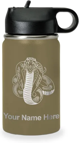 Vista 26 de LaserGram Botella de agua personalizada, serpiente de cobra, acero inoxidable de doble pared aislada al vacío con popote superior, regalo grabado