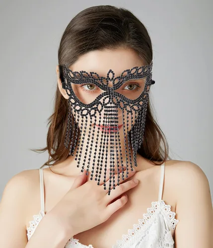 Vista 2 de Bellady Máscara de Mardi Gras con flecos de ojo de gato con diamantes de imitación y lazo trasero