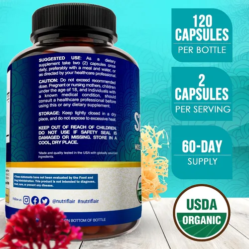 Vista 4 de NutriFlair Musgo marino orgánico de 1600 mg, 120 cápsulas más vejiga y bardana - Super alimento prebiótico - Sistema inmunológico y salud digestiva