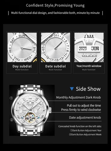 Vista 5 de OLEVS Relojes Automáticos para Hombre, Diseño Esqueleto Dorado, Tourbillon, Automático, Mecánico, Acero Inoxidable, Impermeable, Reloj de Pulsera