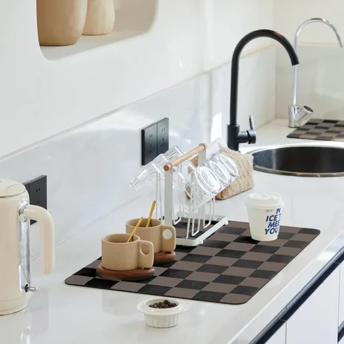 Vista 9 de Ohocut Tapete de secado de platos a cuadros para encimera de cocina, accesorios de estación de cafetería, estética, retro, moderna, absorbente