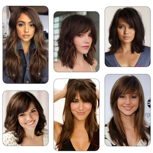 Vista 6 de Shinon Flequillo lateral grueso, extensiones de cabello humano real, color marrón claro