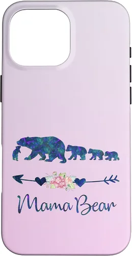 Vista 19 de Funda para iPhone 16, diseño floral de mamá oso de cuatro cachorros, color verde azulado y morado