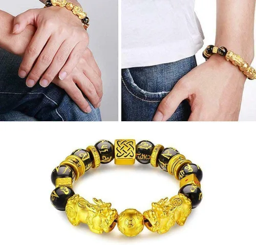 Vista 7 de poceton Feng Shui Pixiu Pulsera 3 Set, Buena suerte Pixiu Colgante Collares, Negro Obsidiana Feng Shui Riqueza Pulseras y ajustable tallado a mano