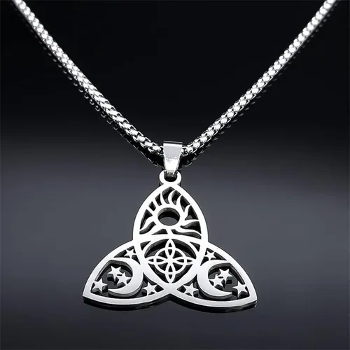 Vista 4 de Witch Triple Moon Goddess Pentagram Celtic Knot Necklace Stainless Steel Pagan Mysterious Jewelry Collar De Acero Inoxidable