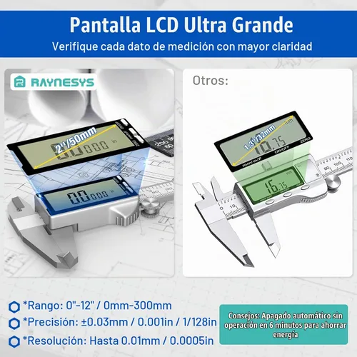 Vista 3 de Raynesys Calibre digital de 12 pulgadas con pantalla LCD grande, conversión de pulgadas/milímetros/fracción, calibre de micrómetro de 11.811 in