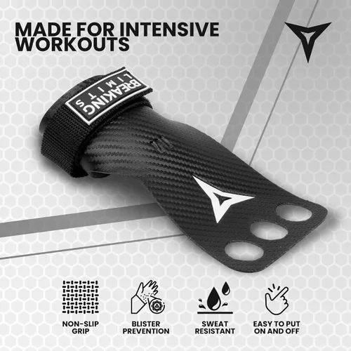 Vista 2 de BREAKING LIMITS Crossfit Grips - Puños de gimnasia de 3 agujeros, agarre de mano de carbono, Calleras para Crossfit, agarre de gimnasia para hombres