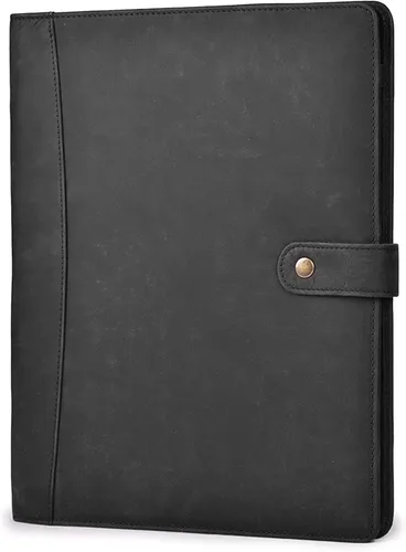 Vista 2 de Portafolio de cuero genuino – Elegante organizador profesional negro y carpeta para currículum, portadocumentos de cuero antiguo para negocios