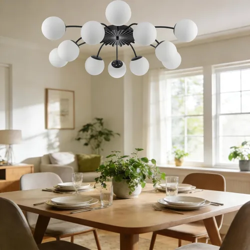 Vista 9 de Lámpara de araña Sputnik de 12 luces, color negro con burbujas de vidrio de leche Luces de techo semi empotradas, acento de flor, Art Deco