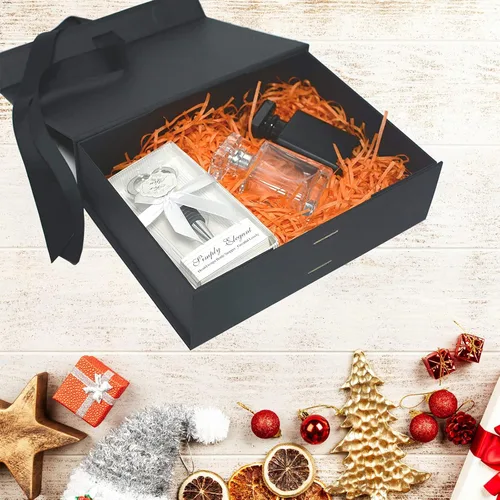 Vista 6 de Caja de regalo negra, cajas de regalo con tapas, 10.2 x 7.4 x 3.1 pulgadas, caja de regalo negra con cinta y cierre magnético para envolver regalos