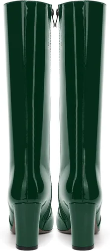 Vista 32 de AMBELIGHT Botas altas hasta la rodilla con cremallera y puntera puntiaguda para mujer, de patente sólida, tacón alto, 3.3 pulgadas