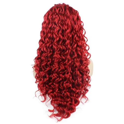 Vista 5 de Mxangel largo resistente al calor Fibra pelo rojo elegante rizado Encaje frontal peluca