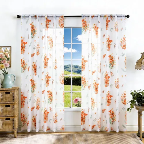 Vista 10 de youleyar Cortinas traslúcidas florales para sala de estar, 2 paneles de 54 pulgadas de largo, cortinas semitransparentes blancas con estampado