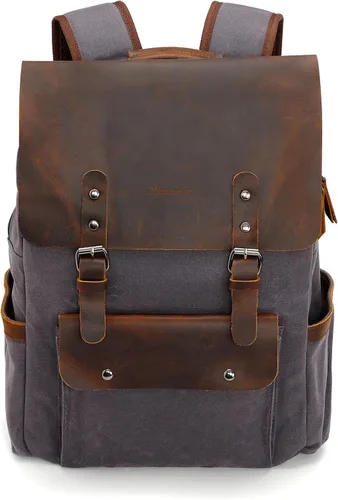 Vista 9 de Modoker Mochila de lona encerada, mochila de cuero para hombres y mujeres, mochila vintage de viaje para laptop de 15.6 pulgadas, mochila retro