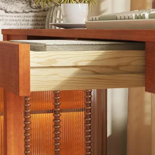 Vista 8 de FUFU&GAGA Escritorio de oficina de 47 pulgadas, escritorio rectangular para computadora con 2 cajones, patas de madera maciza, mesa de escritura