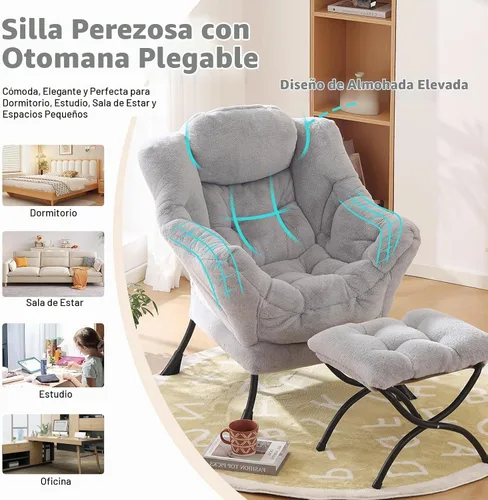 Vista 7 de Furlide - Silla perezosa con otomana, cómoda silla de lectura para dormitorio, color gris Gris ceniza