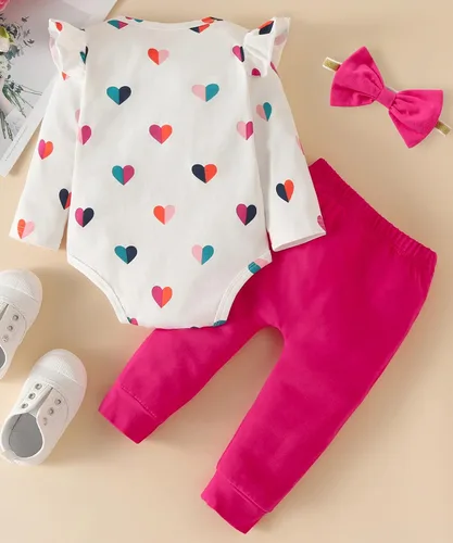 Vista 3 de Fullfamous Conjunto de mameluco y pantalón de manga larga con volantes para niña de 3 piezas