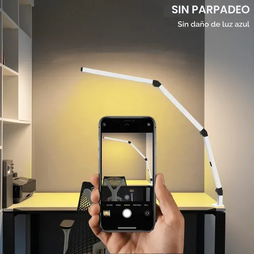Vista 2 de Micomlan Lámpara de escritorio LED con abrazadera, lámpara de mesa de doble luz con brazo oscilante ajustable, cuidado de los ojos, 4 modos CCT y 5