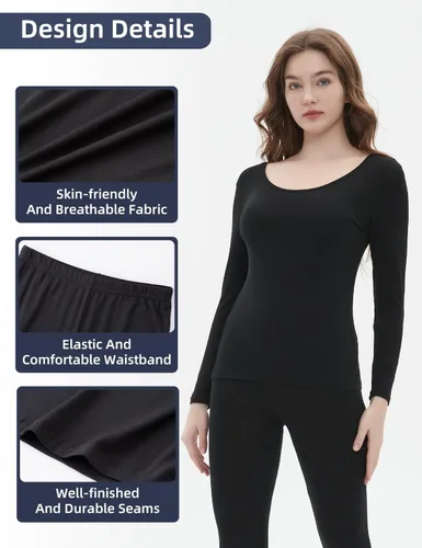 Vista 4 de Ropa interior térmica fina para mujer, conjunto de pantalones largos de cuello redondo, capa base