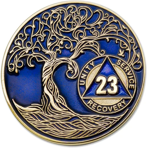 Vista 127 de 1 año Sobriety Mint Twisted Tree of Life Medallón de recuperación AA chapado en oro, chip/ficha - negro