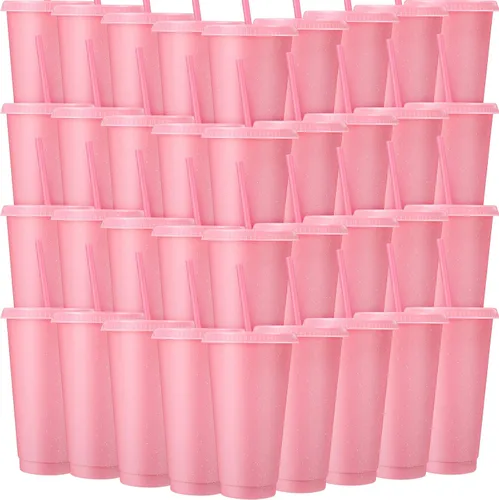 Vista 32 de Honeydak Paquete de 60 vasos con popote y tapa, vasos a granel para regalos, tazas de café de plástico con purpurina de 24 a 27 onzas, botella