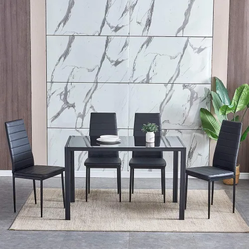 Vista 2 de Juego de 4 mesas de comedor y sillas negras modernas de 5 piezas para cocina pequeña, mesa rectangular de vidrio templado y 4 sillas de piel