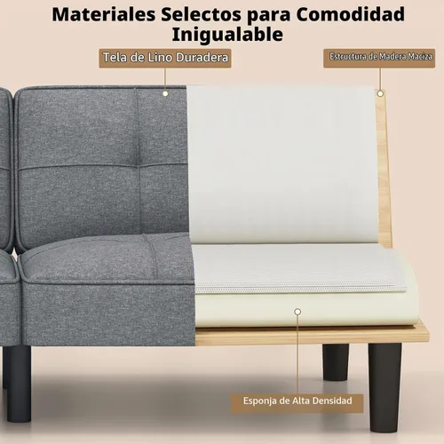 Vista 9 de KOMFOTT Sofá cama tipo futón convertible, sofá cama plegable tapizado de lino con respaldo ajustable de 6 posiciones, cojín grueso, sofá reclinable