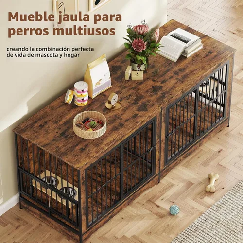 Vista 5 de Rovibek 78 Mueble Jaula Doble para Perros para 2 Perros Grandes de Interior, Muebles de Madera Jaulas para Perros con Cuenco para Perros, Mueble