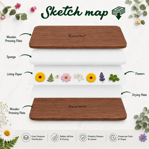Vista 4 de Suziko Kit profesional de prensa de flores de 6 capas de 6.3 x 8.3 pulgadas, marrón, kit de prensado de flores para adultos y niños, gran regalo