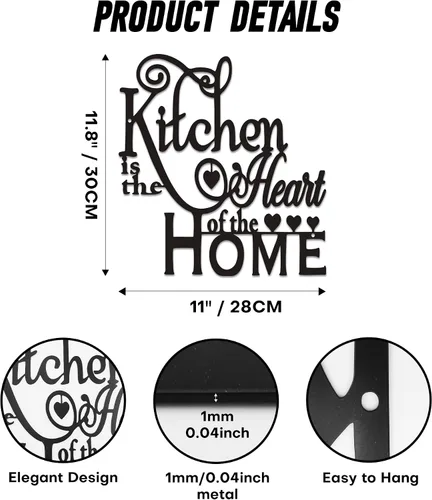 Vista 2 de Decoración de pared de cocina, moderna escultura de pared de metal negro "Kitchen is the Heart of the Home", arte de pared impermeable para cocina