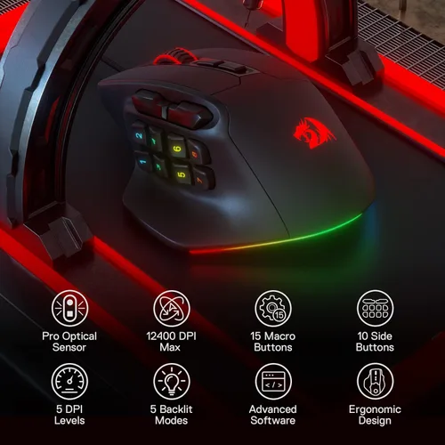 Vista 3 de Redragon M811 Aatrox - Ratón para juegos MMO, 15 botones programables con cable RGB con agarre natural ergonómico, 10 teclas macro laterales