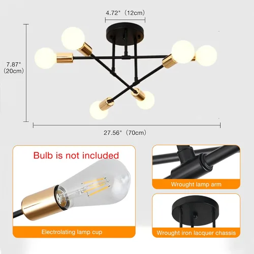 Vista 2 de Lámpara de techo industrial de forma DIY E26 moderna vintage de hierro para recámara, sala de estar, cocina, pasillo, lámparas de araña Negro +